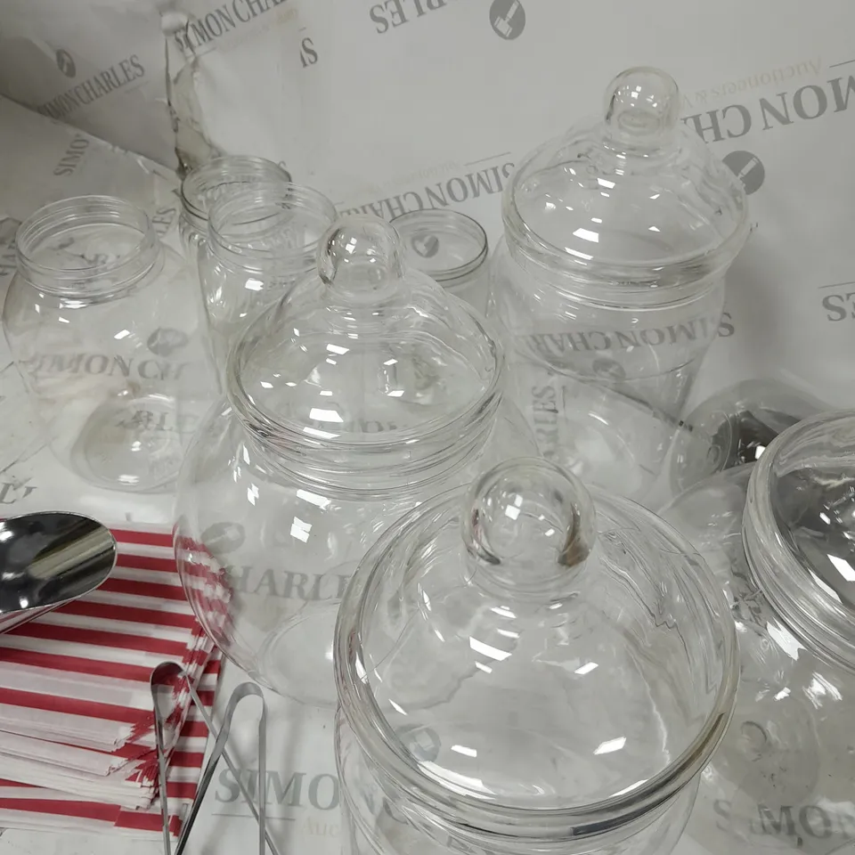 BOX OF SWEET SHOP MERCHANDISE TO INCLUDE SCOOPER, TUBS, TONGS ETC