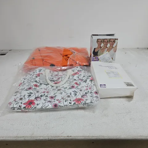 BOX OF APPROXIMATELY 20 ASSORTED ITEMS TO INCLUDE COMFORTISSE PUSH UP BRA, NICOLE BROWN BAG, VARIOUS CLOTHING ETC
