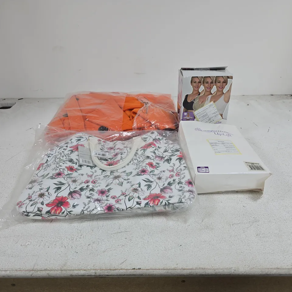 BOX OF APPROXIMATELY 20 ASSORTED ITEMS TO INCLUDE COMFORTISSE PUSH UP BRA, NICOLE BROWN BAG, VARIOUS CLOTHING ETC