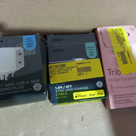 BOX OF APPROXIMATELY 10 ASSORTED ELECTRICAL ITEMS TO INCLUDE ASDA TECH CHARGING PLUG, ASDA TECH SYNC & CHARGE CABLE, MIXX TRIBUTE EARPHONES, ETC