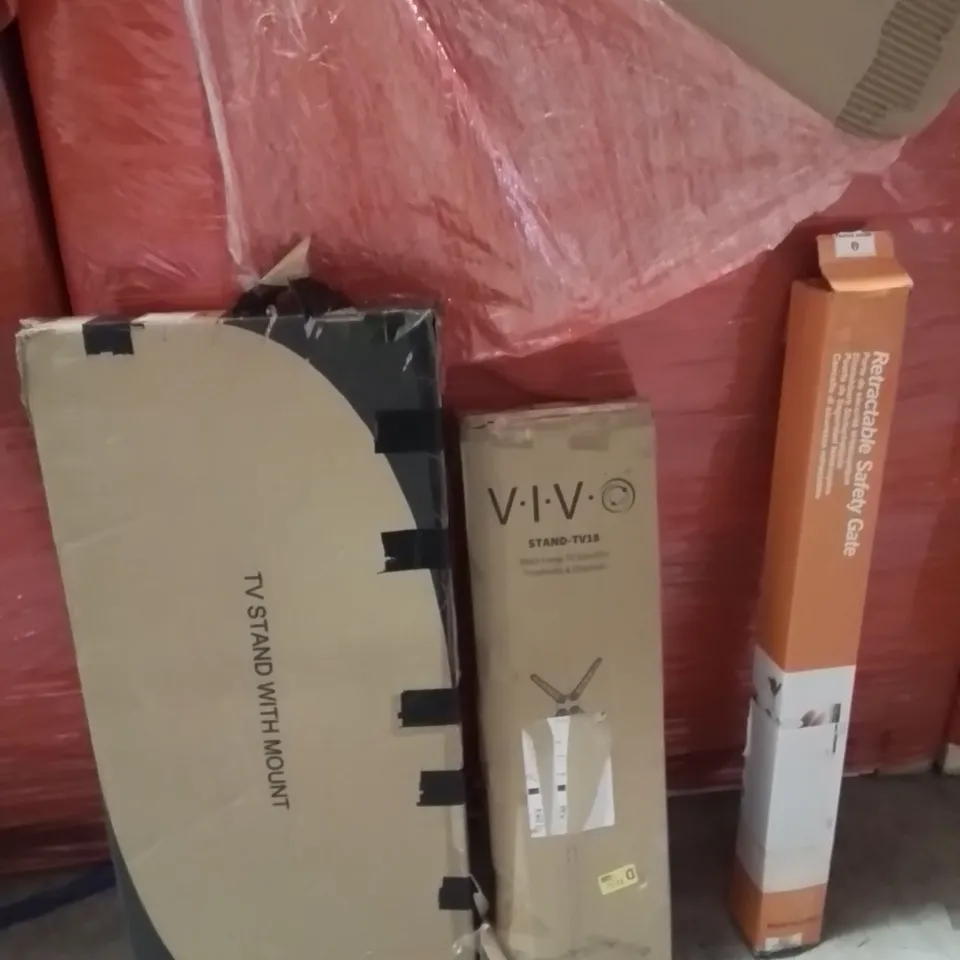 PALLET OF ASSORTED HOUSEHOLD GOODS AND PRODUCTS TO INCLUDE;TV STAND,RETRACTABLE SAFETY GATE,TV STAND WALL MOUNT