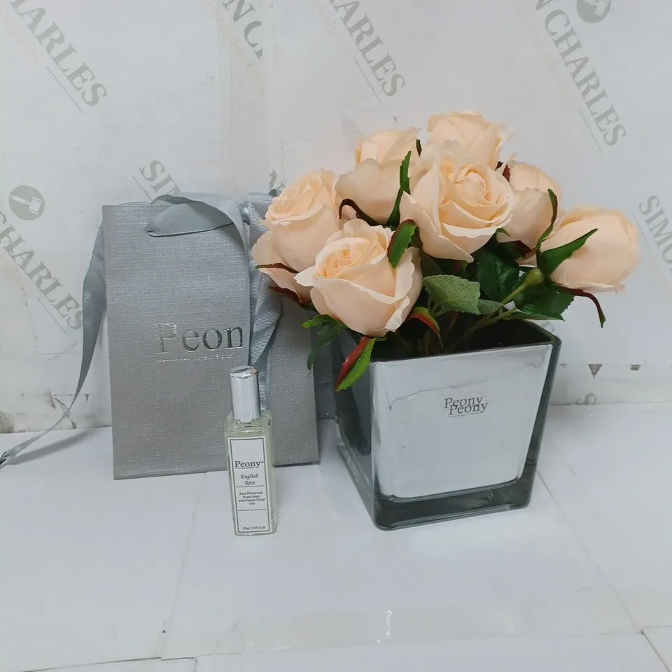 BOXED OUTLET PEONY ROSES IN A SMALL MIRROR GIFT BAG AND 25ML FRAGRANCE