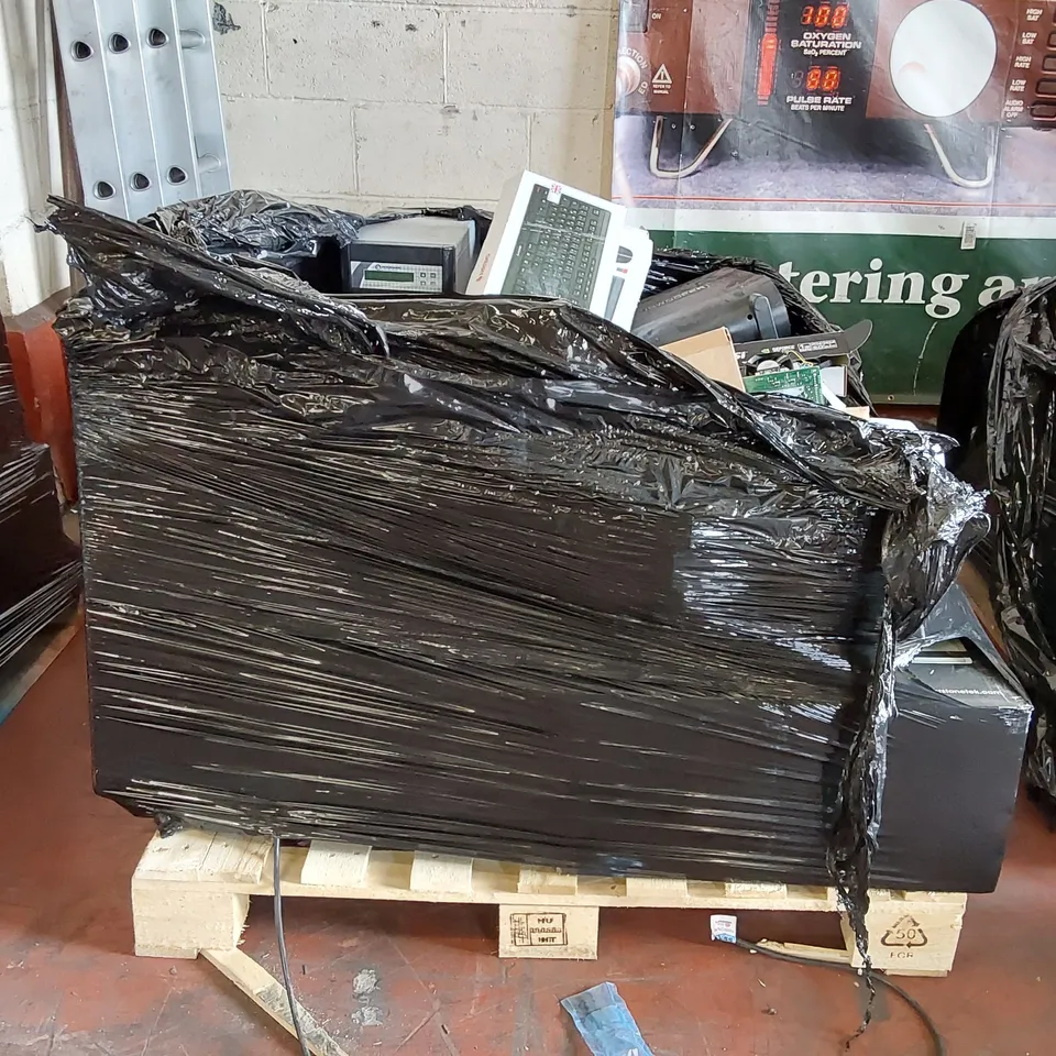 PALLET OF ASSORTED ELECTRICALS AND CONSUMER PRODUCTS TO INCLUDE; KB100 KEYBOARD AMPLIFIER, CHERRY KEYBOARD + MOUSE SETS, WHARFEDALE SUBWOOFER ECT.
