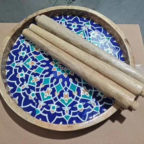 ROUND WOODEN DECORATIVE TABLE BASE WITH BLUE DECORATIVE TOP