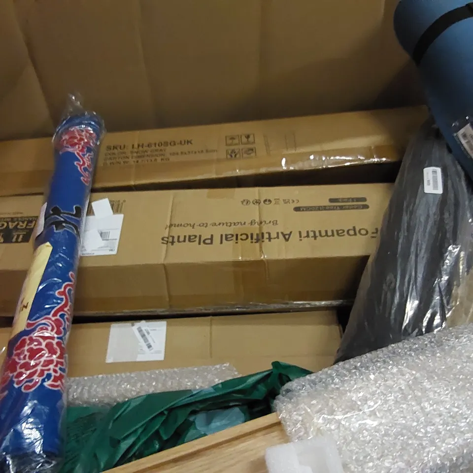 PALLET OF ASSORTED ITEMS INCLUDING: SAFE, OFFICE STOOL, YOGA MAT, BROOM, BASKET