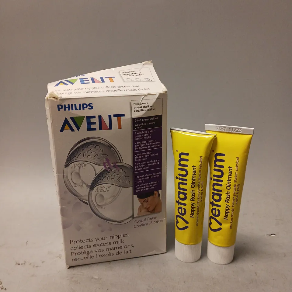 LOT OF 2 COSMETIC PRODUCTS TO INCLUDE PHILIPS AVENT BREAST SHELL SET AND METANIUM NAPPY RASH OINTMENT 