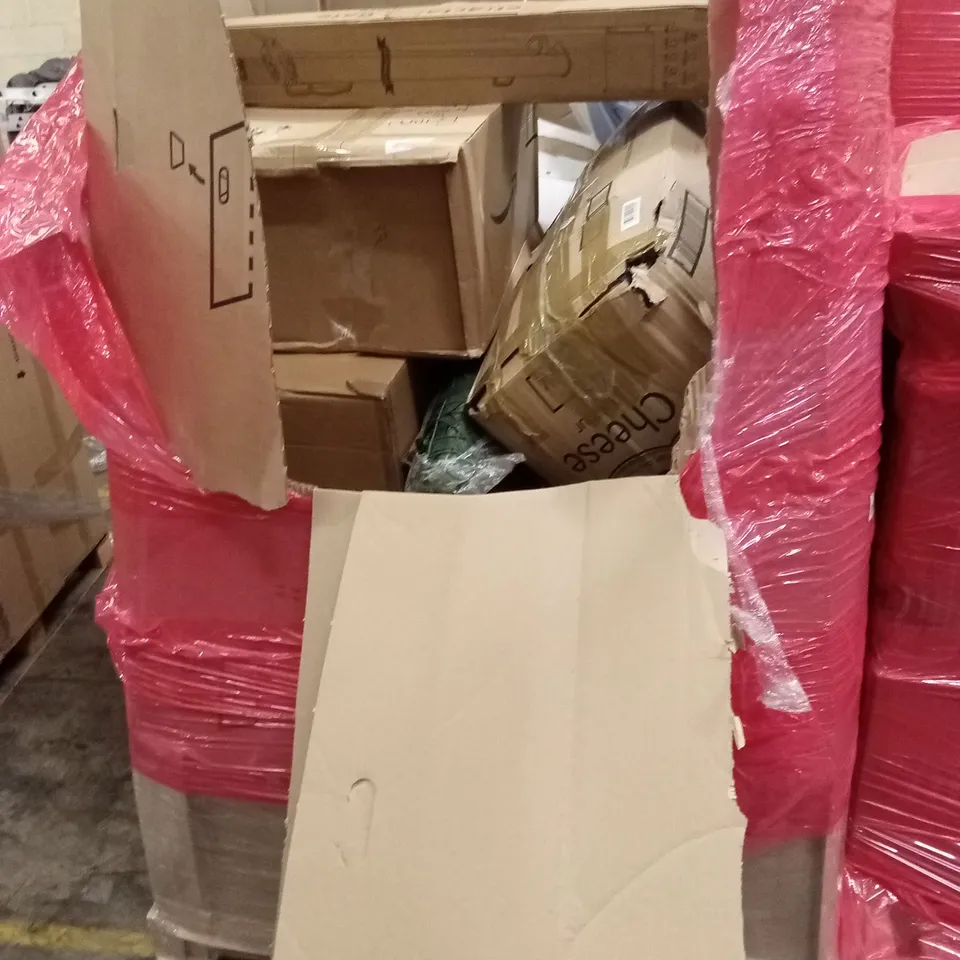 PALLET OF ASSORTED HOUSEHOLD GOODS AND PRODUCTS TO INCLUDE; RETRACTABLE BABY GATE, BOXED FURNITURE ETC 