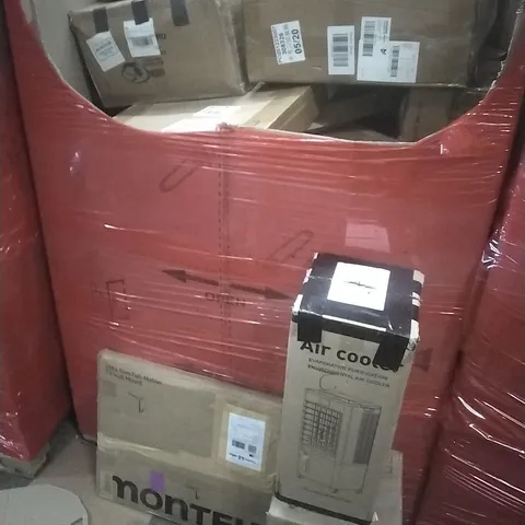 PALLET OF ASSORTED HOUSEHOLD GOODS AND PRODUCTS TO INCLUDE; TV WALL MOUNT, AIR COOLERS, PROFESSIONAL BLENDER, BOXED FURNITURE ETC