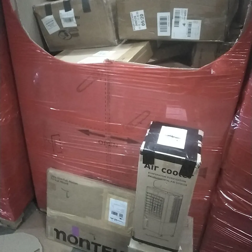 PALLET OF ASSORTED HOUSEHOLD GOODS AND PRODUCTS TO INCLUDE; TV WALL MOUNT, AIR COOLERS, PROFESSIONAL BLENDER, BOXED FURNITURE ETC