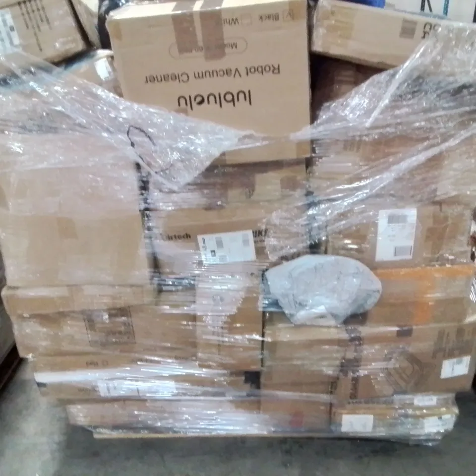 PALLET CONTAINING VARIOUS ASSORTED BOXED HOUSEHOLD/ELECTRONIC ITEMS TO INCLUDE, ROBOT VACUUM KIDS SCOOTER AND LOTS MORE UNMARKED BOXED ITEMS 