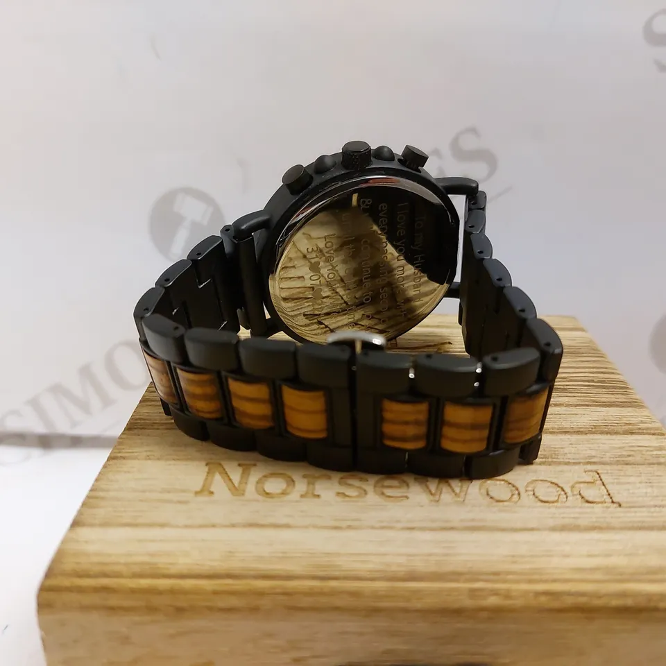 BOXED NORSEWOOD PERSONALISED BLACK WITH WOOD EFFECT WATCH