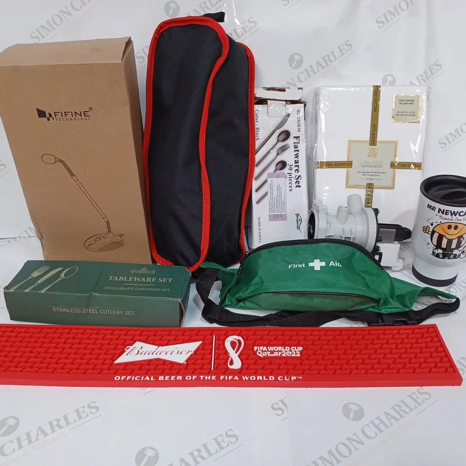 BOX TO CONTAIN APPROX. 20 X ASSORTED HOUSEHOLD PRODUCTS, INCLUDES FIRST AID KIT, FLASK, CAMPING SEAT, CUTLERY ETC 