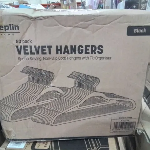 BOX OF APPROXIMATELY 50 KEPLIN BLACK VELVET CLOTHES HANGERS -BLACK-
