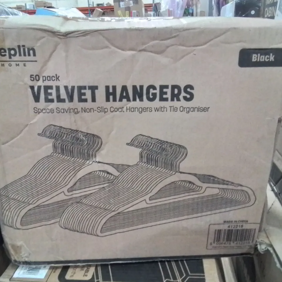 BOX OF APPROXIMATELY 50 KEPLIN BLACK VELVET CLOTHES HANGERS -BLACK-