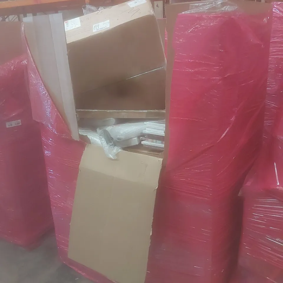 PALLET OF ASSORTED HOUSEHOLD GOODS AND PRODUCTS TO INCLUDE; DEHUMIDIFIER, FRAMED DECOR ITEMS, BOXED FURNITURE ETC