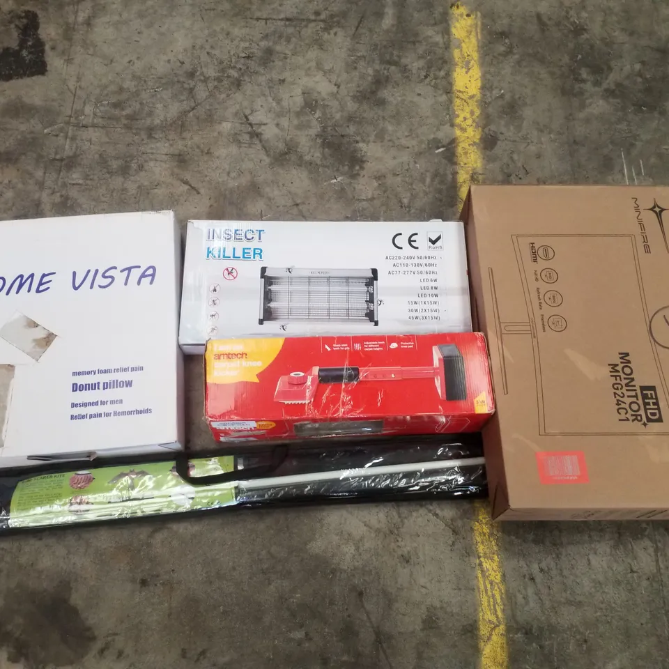 PALLET CONTAINING ASSORTED PRODUCTS INCLUDING DONUT PILLOW, INSECT KILLER, 24" MONITOR, CARPET KNEE KICKER & BIRD SCARER KITE