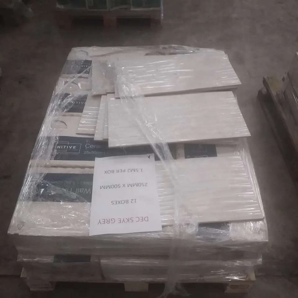 PALLET OF APPROXIMATELY 12 BOXES OF DEFINITIVE DEC SKYE GREY CERAMIC WALL TILES 250MM X 500MM APPROXIMATELY 1.5MSQ PER BOX
