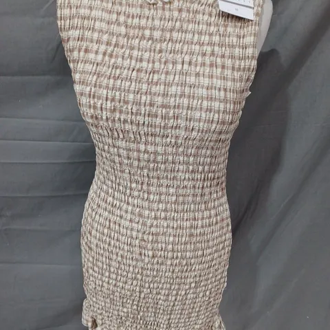DAISY STREET SHIRRED MINI FRILL HEM DRESS IN TAN - UK 12