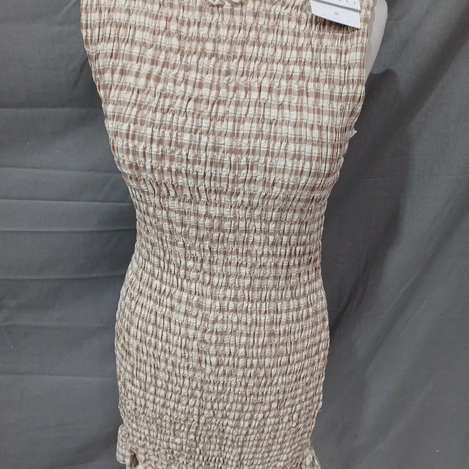 DAISY STREET SHIRRED MINI FRILL HEM DRESS IN TAN - UK 12