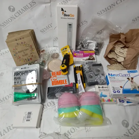 APPROXIMATELY 20 HOUSEHOLD ITEMS INCLUDIING RIMMEL FACE POWDER, KIDS WOODEN DECORATIONS TO PAINT, STANLEY SAE