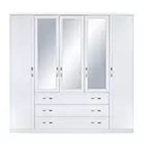 BOXED CAMBERLEY 5-DOOR 3-DRAWER MIRRORED WARDROBE IN WHITE - (3 BOXES)