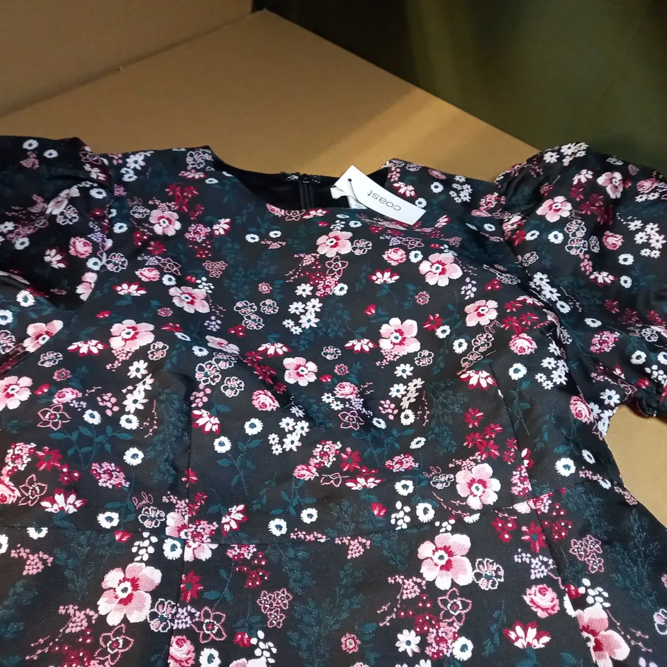 COAST BLACK JACQUARD PUFF SLEEVE A-LINE MINI DRESS - SIZE 14