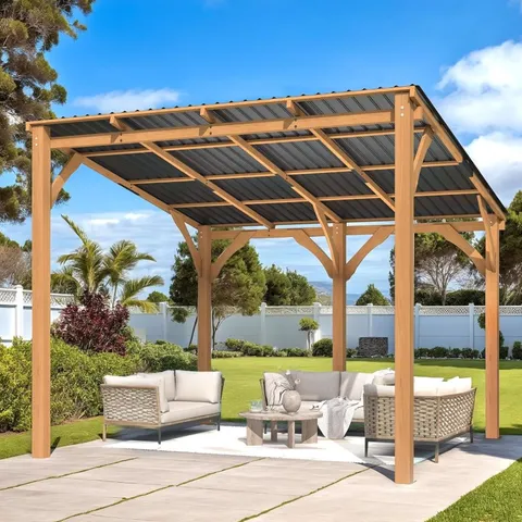 BOXED LARGE OUTDOOR CEDAR LEAN TO HARDTOP PERGOLA GAZEBO - SS16554MS (4 BOXES)