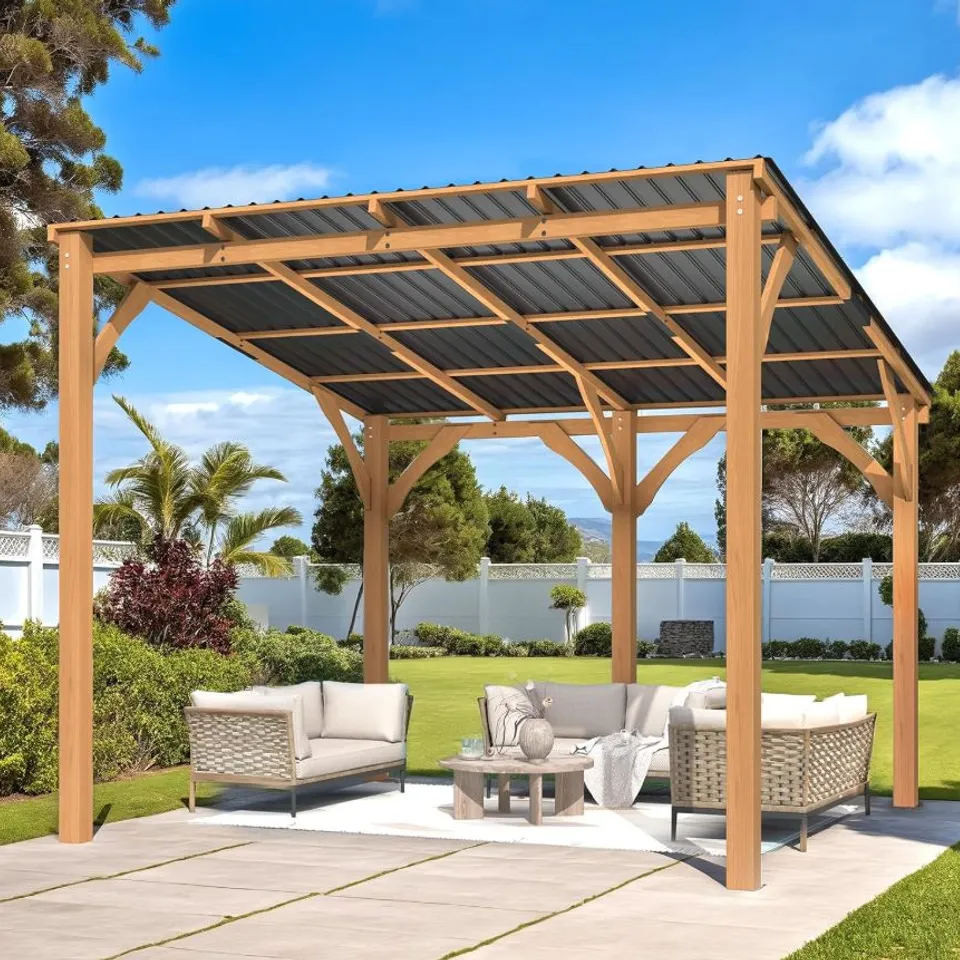 BOXED LARGE OUTDOOR CEDAR LEAN TO HARDTOP PERGOLA GAZEBO - SS16554MS (4 BOXES)