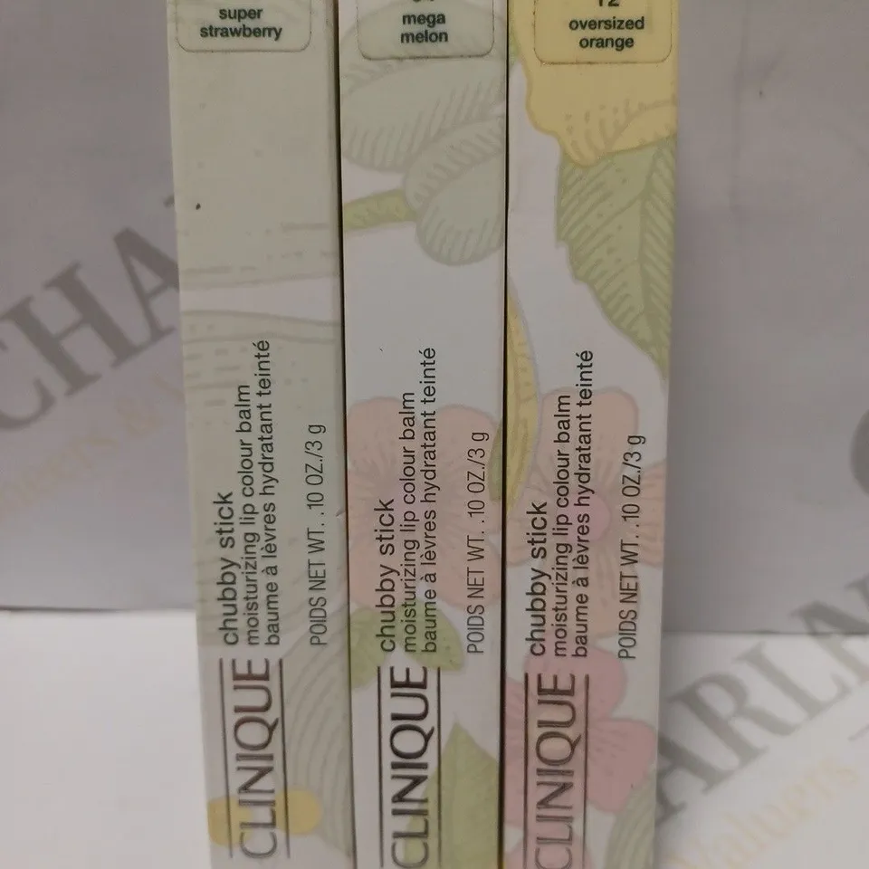 LOT OF 3 CLINIQUE CHUBBY STICK MOISTURIZING LIP COLOUR BALMS - 07 SUPER STRAWBERRY, 04 MEGA MELON, 12 OVERSIZED ORANGE