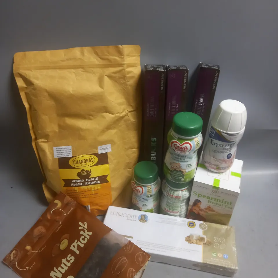 BOX OF APPROX 10 ASSORTED FOOD ITEMS TO INCLUDE - STARBUCKS NESPRESSO PODS - CHANDRAS BLACK FLAME RAISINS - NUTS PICK PITTED PRUNES ETC