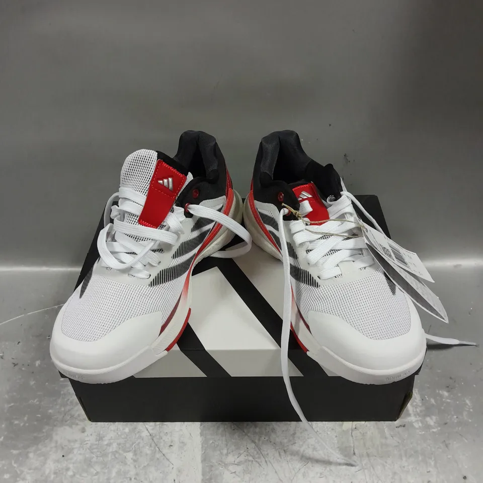 BOXED PAIR OF ADIDAS CRAZYQUICK BOOST PADEL SHOES IN WHITE/RED/BLACK SIZE MENS UK 5