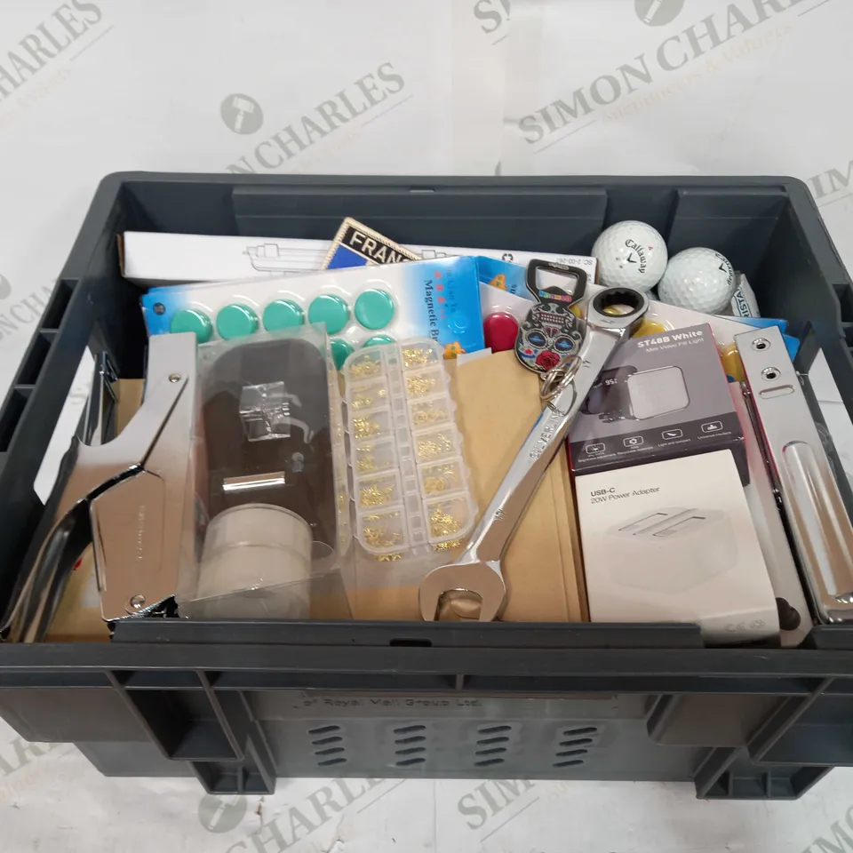 BOX TO CONTAIN APPROX 30 X ASSORTED HOUSEHOLD PRODUCTS, INCUDES BUTTON MAGNETS, WRENCH, WIRELESS EARPHONES, GOLF BALLS ETC 