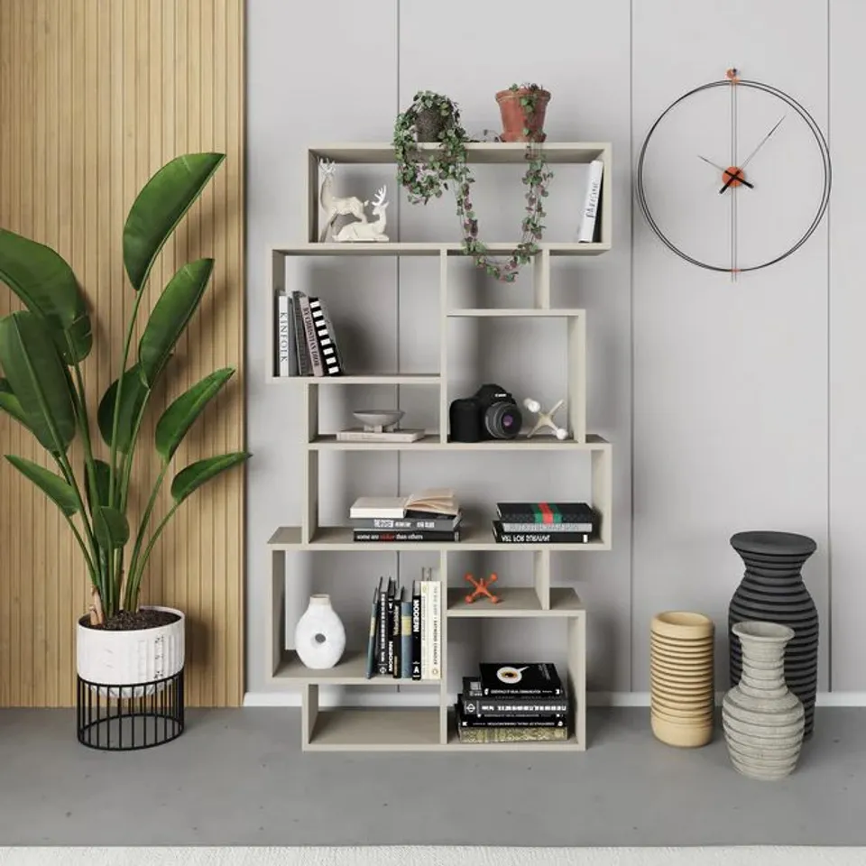 BOXED KARMATO MODERN BOOKCASE DISPLAY UNIT TALL 168.5CM - SANDSTONE