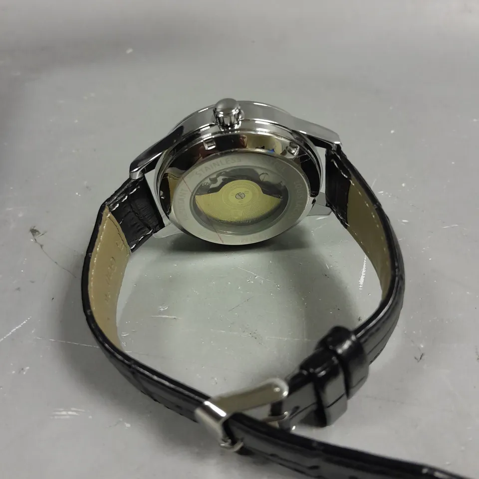 MEN'S LOUIS LACOMBE AUTOMATIC WATCH BLUE SKELETON DIAL, SILVER COLOURED BEZEL, GLASS EXHIBITION BACK CASE