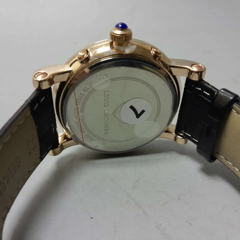 MENS LOUIS LACOMBE CHRONOGRAPH WATCH – MULTI FUNCTION DIAL WITH DATE – ROMAN NUMERAL DIAL – LEATHER STRAP 