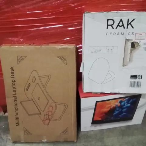 PALLET OF ASSORTED HOUSEHOLD GOODS AND PRODUCTS TO INCLUDE;LAPTOP DESK,HD TV,TOILET SEAT