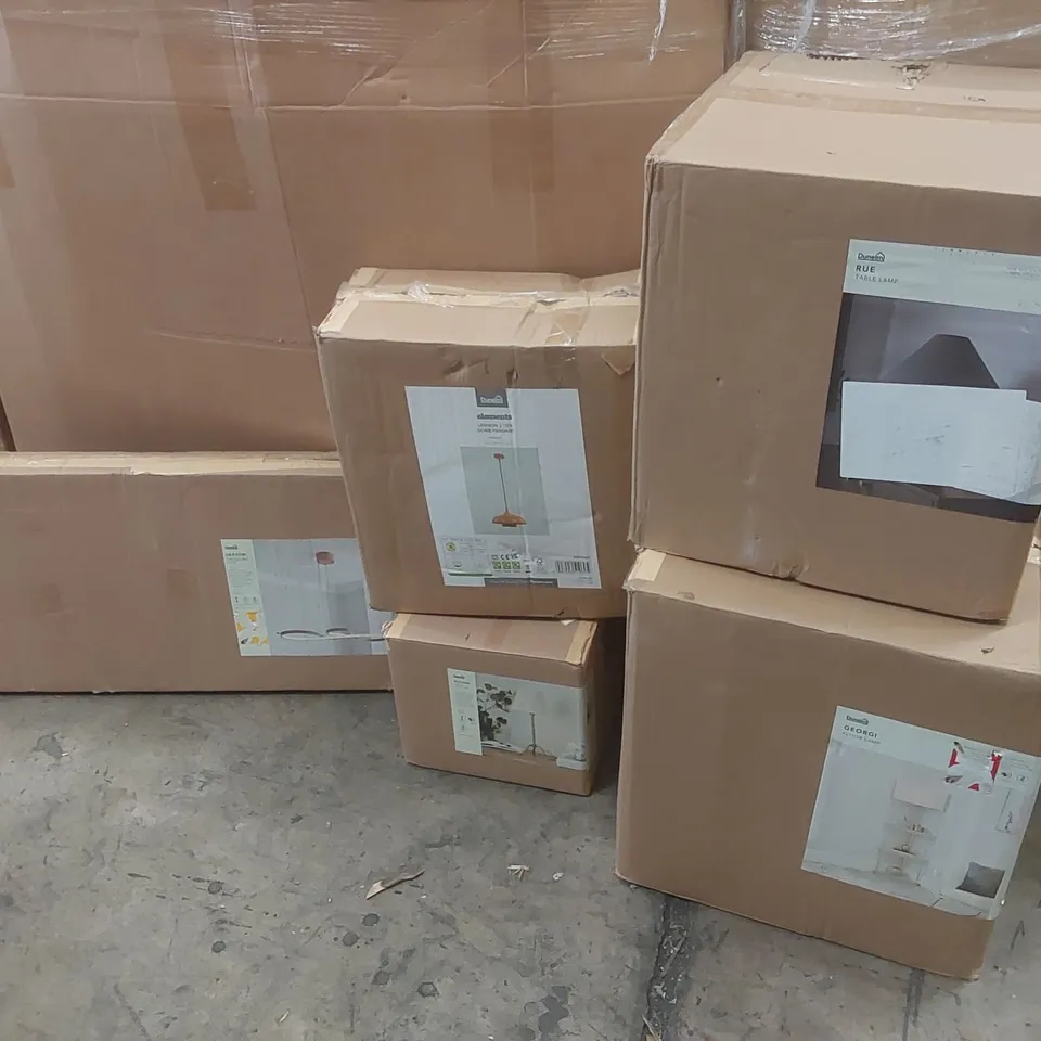 PALLET TO CONTAIN A VERY LARGE QUANTITY OF DESIGNER INDOOR LIGHTING PRODUCTS TO INCLUDE: TABLE LAMP, FLOOR LAMP, CEILING LIGHT ECT