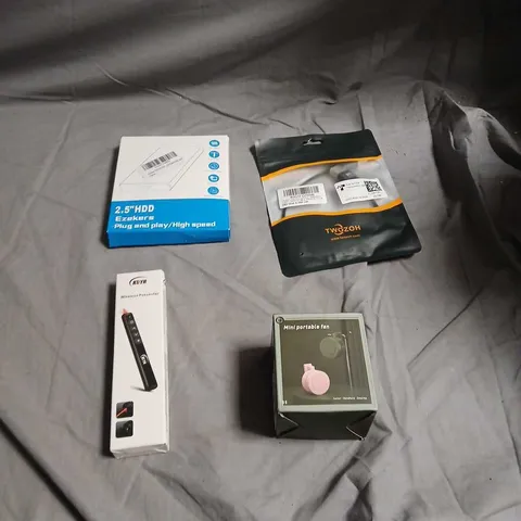 BOX OF ASSORTED ELECTRONICS ITEMS INCLUDING 2.5" HDD ENCLOSURE, WIRELESS PRESENTER, MINI PORTABLE FAN & USB ACCESSORIES