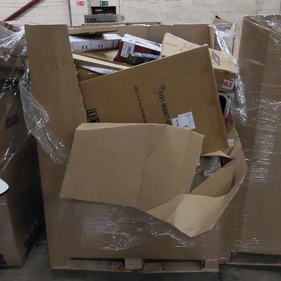 PALLET TO CONTAIN ASSORTED HOUSEHOLD ITEMS AND CONSUMER PRODUCTS. INCLUDING VACUUM CLEANER, PIZZA PEEL, BABY GATE, CAT LITTER BOX ETC