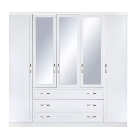 BOXED CAMBERLEY 5-DOOR 3-DRAWER MIRRORED WARDROBE - WHITE (3 BOXES)