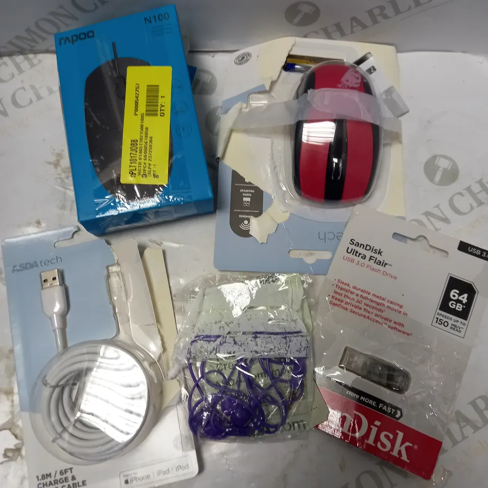 LOT OF FIVE TO INCLUDE RAPOO N100 MOUSE , USB 3.0 FLASH DRIVE , ETC
