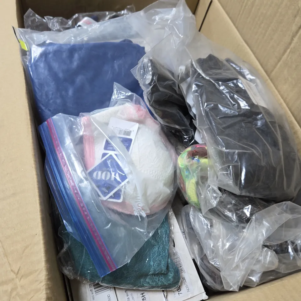 BOX OF APPROXIMATELY 25 ASSORTED CLOTHING ITEMS INCLUDING  MEY DRY COTTON MEN’S UNDERWEAR , WHAT KATIE DID BRIEFS , NYLON DREAMS SUSPENDER BELT AND ROSA FAIA BRA 