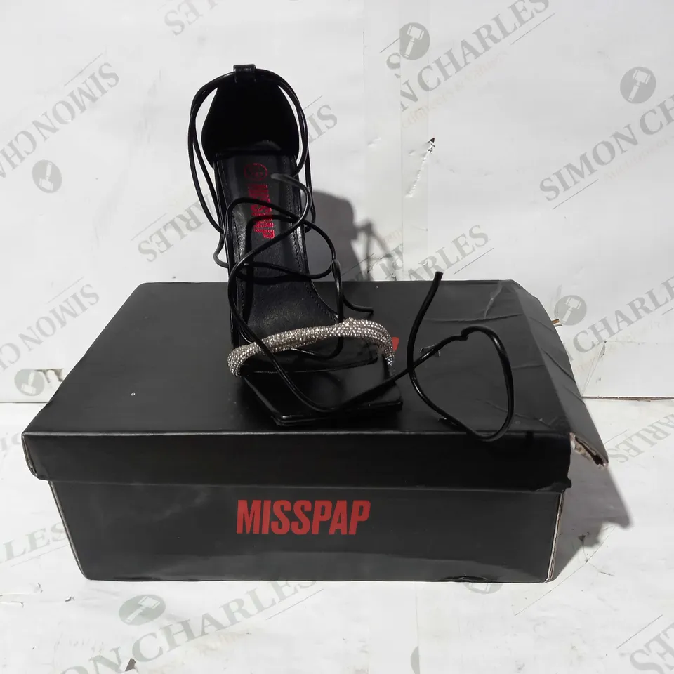BOXED PAIR OF MISSAP LACE UP DIAMANTE DETAIL HEELS IN BLACK UK SIZE 4