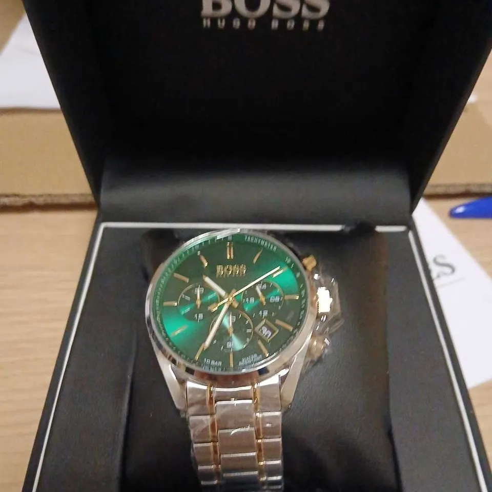 HUGO BOSS CHRONOGRAPH WATCH – GREEN DIAL, TWO-TONE STAINLESS STEEL BRACELET – BOXED