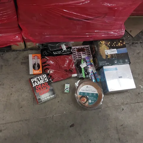 PALLET OF ASSORTED ITEMS INCLUDING: NAIL LAMP, OUTDOOR STRING LIGHTS, FAKE EYELASHES, NAIL CLIPPER, AIR FRYER PARCHMENT PAPER, EYE DROPS, WOMEN'S CLOTHING, BOOK, KNEE COMPRESSION SLEEVES