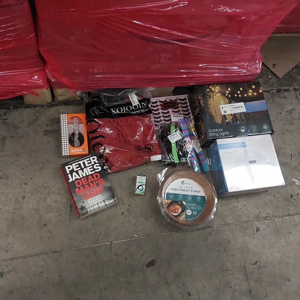 PALLET OF ASSORTED ITEMS INCLUDING: NAIL LAMP, OUTDOOR STRING LIGHTS, FAKE EYELASHES, NAIL CLIPPER, AIR FRYER PARCHMENT PAPER, EYE DROPS, WOMEN'S CLOTHING, BOOK, KNEE COMPRESSION SLEEVES
