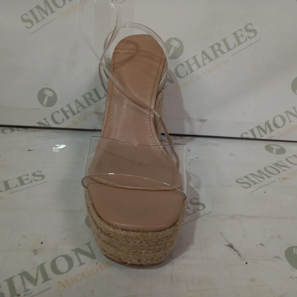 BOXED PAIR OF ASOS DESIGN OPEN TOE CLEAR STRAP WEDGE HEEL SANDALS IN NATURAL COLOUR UK SIZE 4