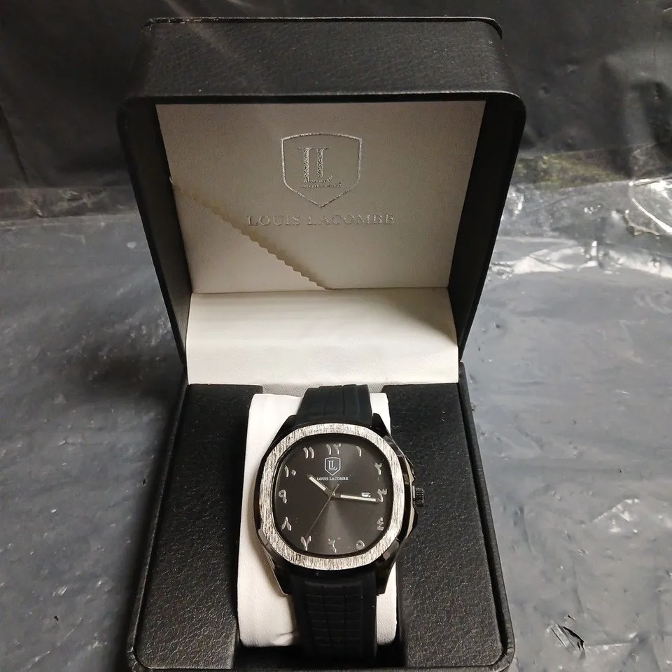 MENS LOUIS LACOMBE BLACK DIAL RUBBER STRAP WATCH