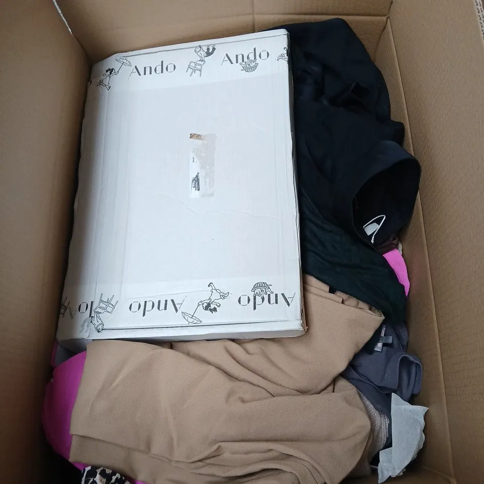LARGE BOX OF APPROXIMATELY 20 ASSORTED CLOTHING ITEMS IN VARIOUS SIZES, STYLES AND COLOUR 