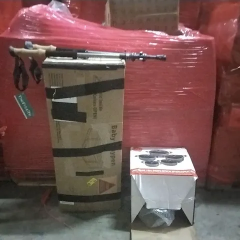 PALLET OF ASSORTED PRODUCTS AND HOUSEHOLD GOODS TO INCLUDE;BLENDER,PLAYPEN,WALKING STICKS